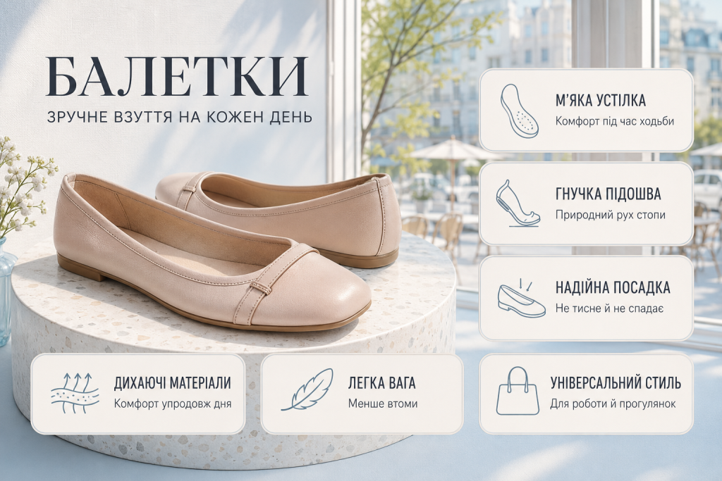 Інфографіка про зручні жіночі балетки із м’якою устілкою, гнучкою підошвою та легкою конструкцією