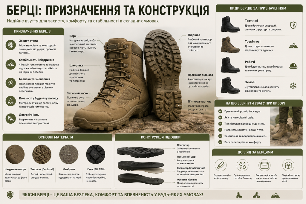 Інфографіка про берці, їх конструкцію, матеріали, види підошви, призначення та основні критерії вибору взуття