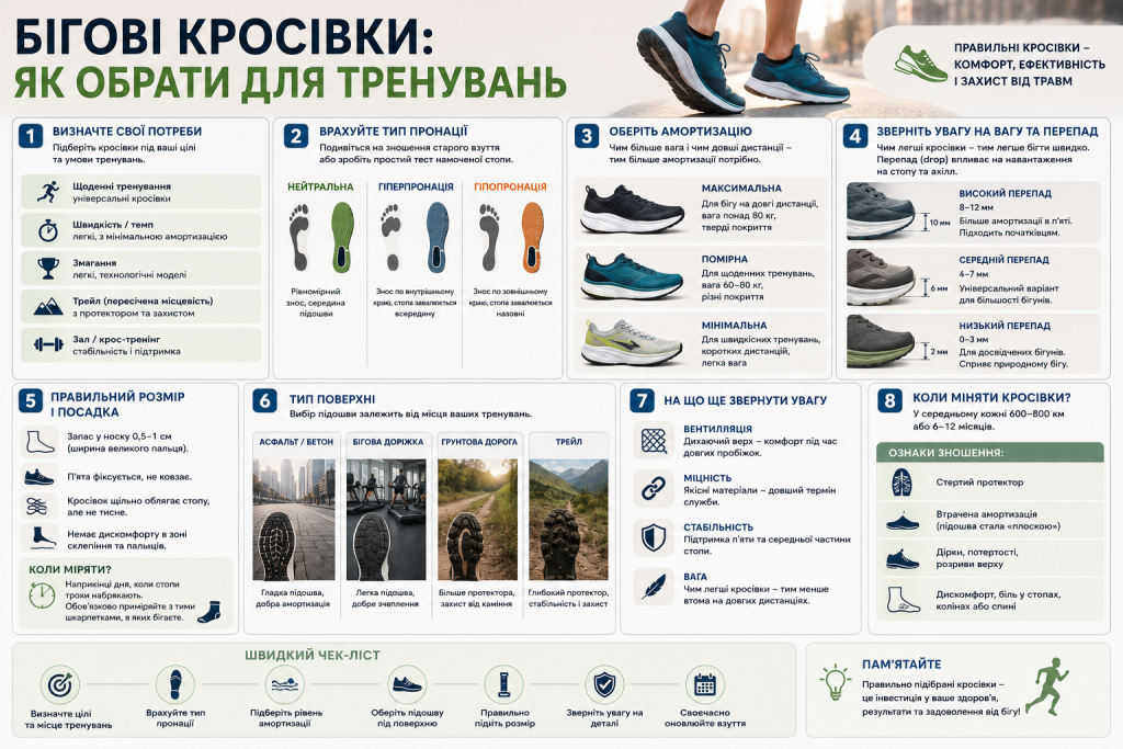 Інфографіка про вибір бігових кросівок залежно від типу тренувань, пронації та амортизації.