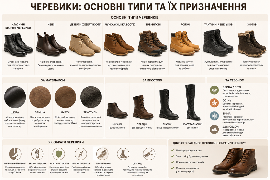 Інфографіка про основні типи черевиків, матеріали, сезонність, висоту халяви та поради щодо вибору.