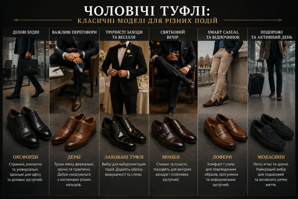 Інфографіка з видами чоловічого взуття для різних подій: оксфордами, дербі, лакованими туфлями, монками, лоферами та мокасинами.