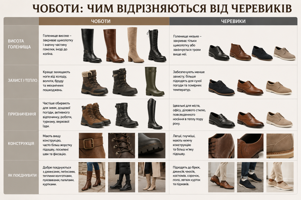 Інфографіка про основні відмінності між чоботами та черевиками, їх особливості й призначення.