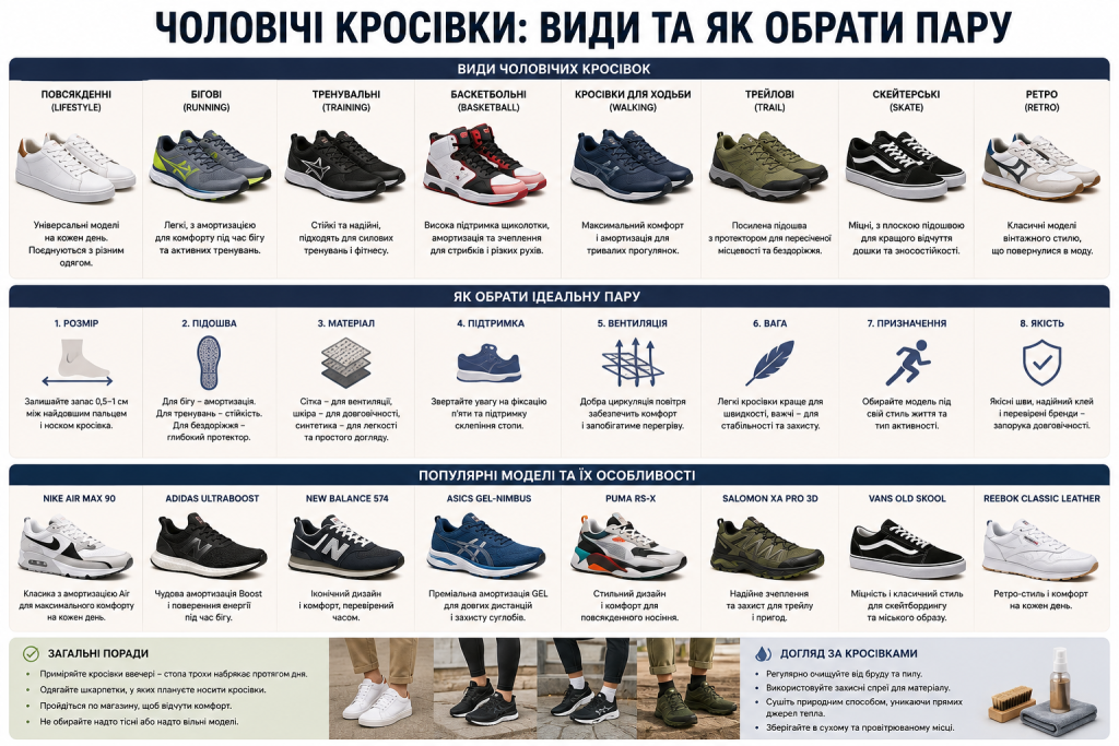 Інфографіка про види чоловічих кросівок, критерії вибору, популярні моделі та рекомендації з догляду.