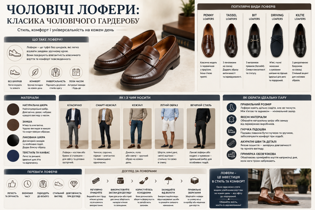 Інфографіка про види чоловічих лоферів, матеріали, поєднання з одягом та догляд.