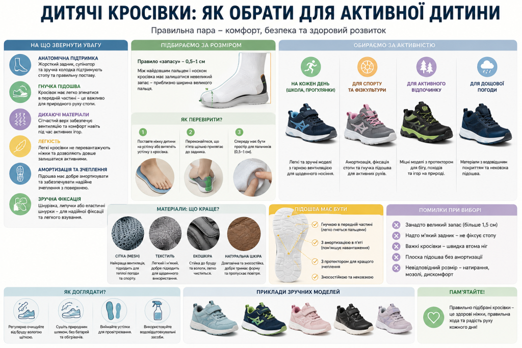 Інфографіка про вибір дитячих кросівок, правильний розмір, матеріали та догляд.