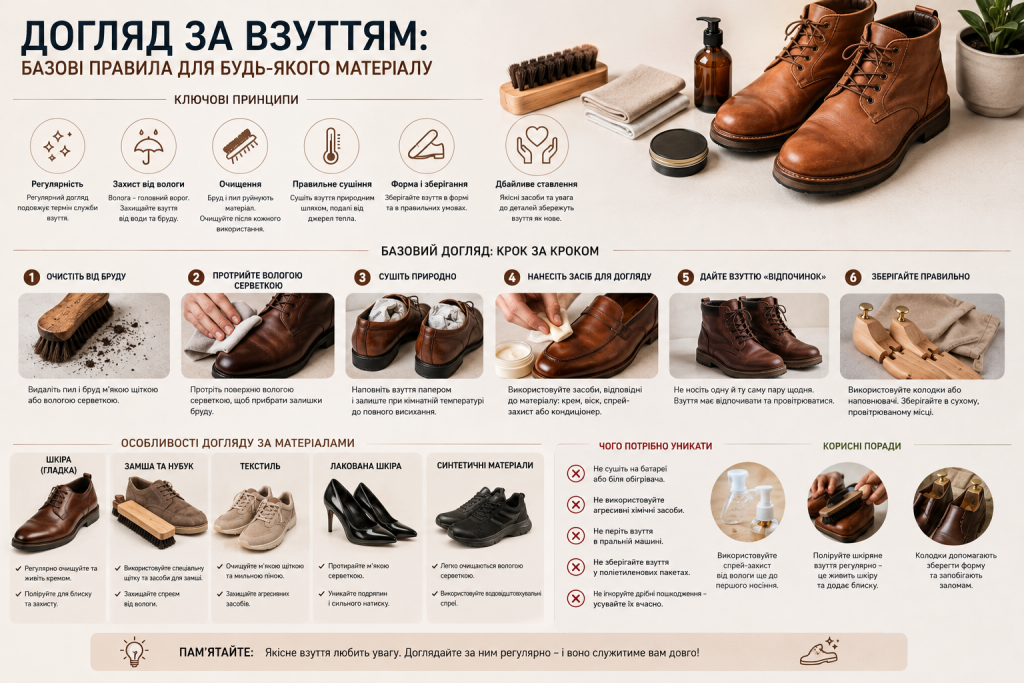 Інфографіка з основними правилами догляду за взуттям, етапами очищення та рекомендаціями для різних матеріалів.
