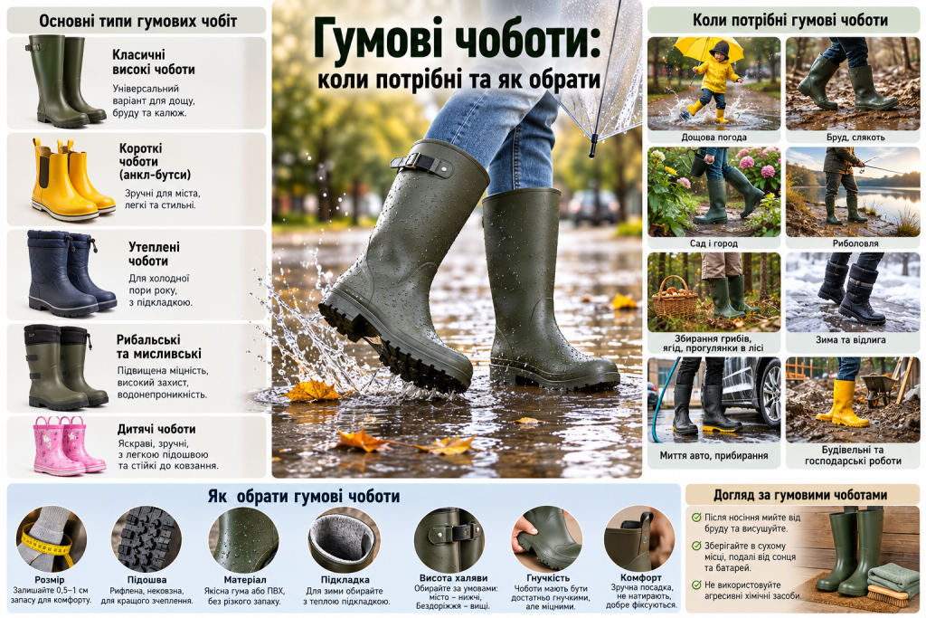 Інфографіка про види гумових чобіт, сфери використання, правила вибору та догляду.