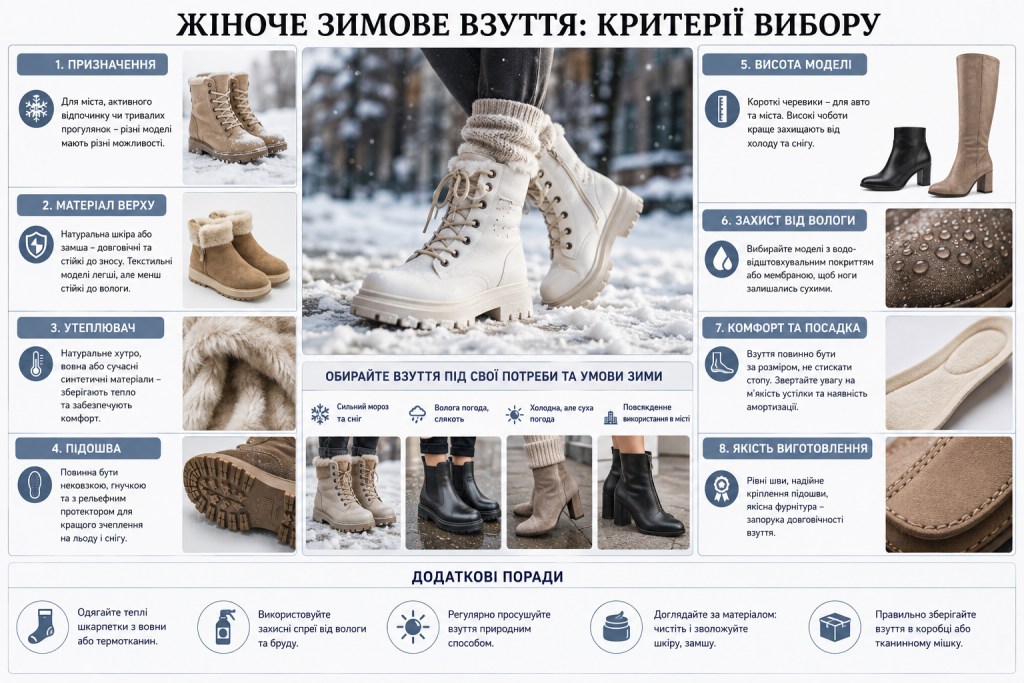 Інфографіка про вибір жіночого зимового взуття, матеріали, утеплювачі, підошву та догляд.