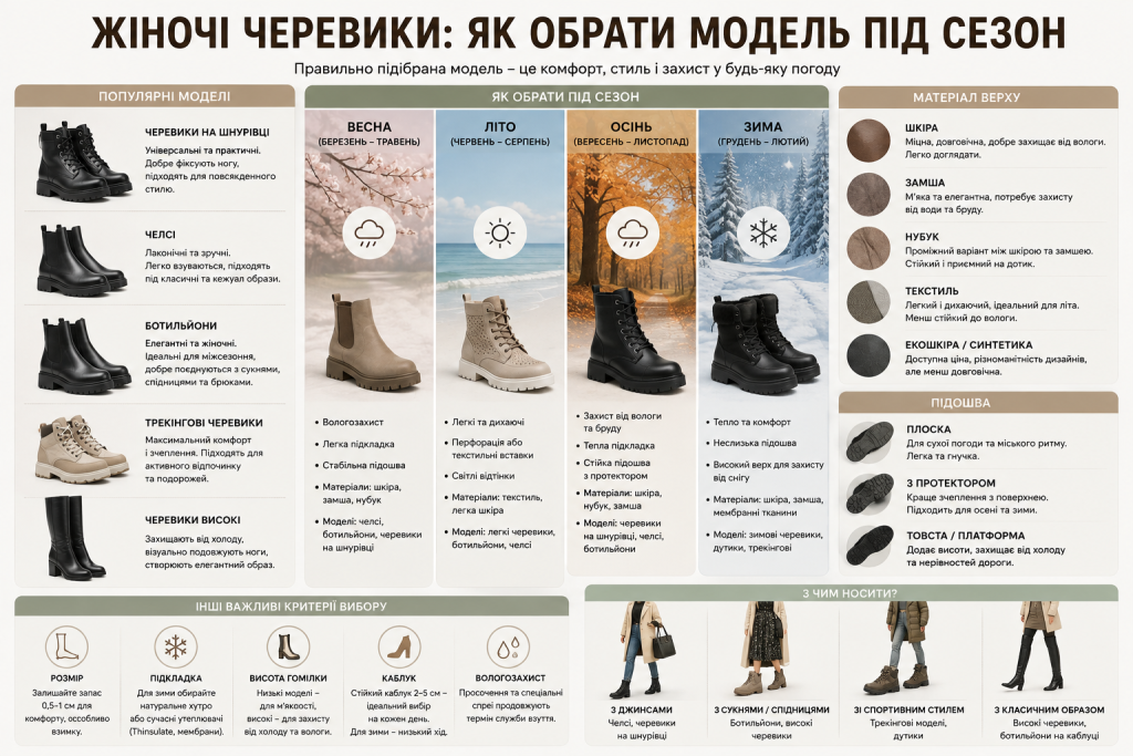 Інфографіка про вибір жіночих черевиків залежно від пори року, матеріалів і стилю.