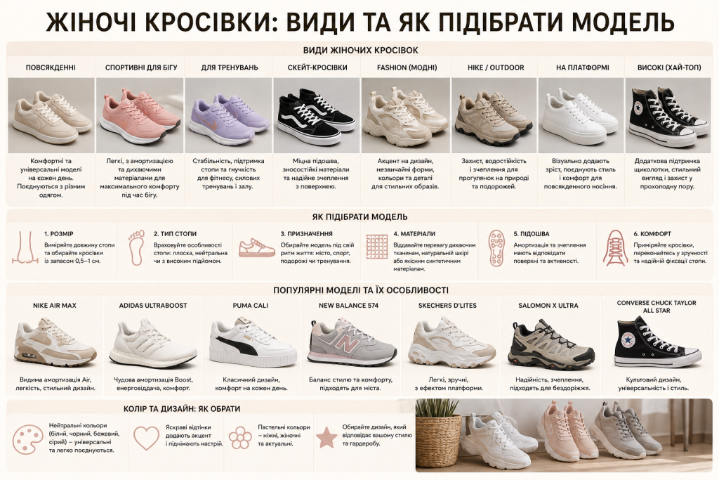 Інфографіка про види жіночих кросівок, популярні моделі, особливості та поради щодо вибору.