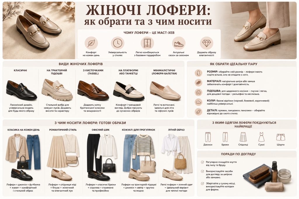 Інфографіка про види жіночих лоферів, поєднання з одягом та поради щодо вибору.