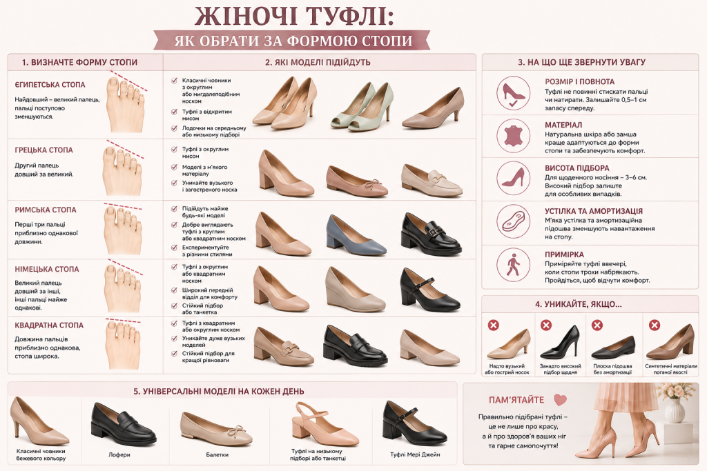 Інфографіка про вибір жіночих туфель відповідно до форми стопи та рекомендації щодо комфортної посадки.