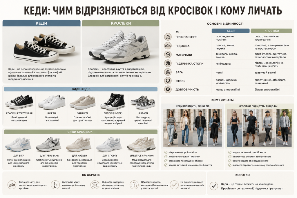 Інфографіка про відмінності між кедами та кросівками, їх переваги й сфери використання.
