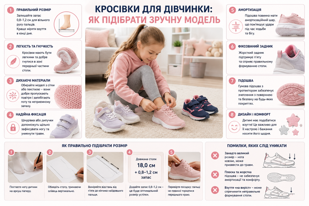 Інфографіка про вибір дитячих кросівок для дівчинки, правильний розмір, матеріали та комфорт.