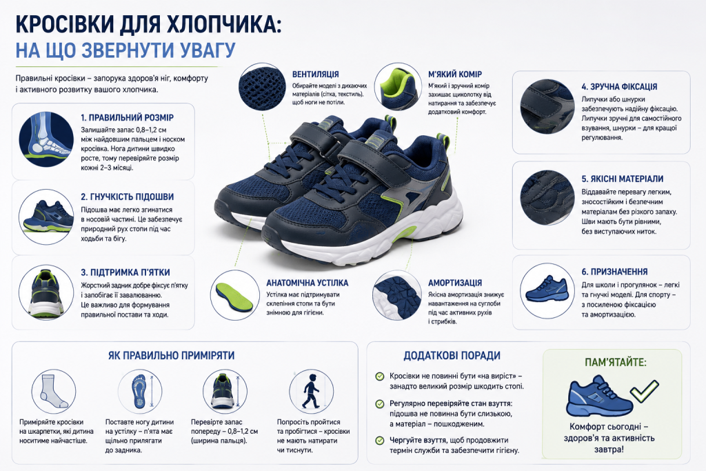Інфографіка про вибір дитячих кросівок, правильний розмір, матеріали, амортизацію та комфорт.