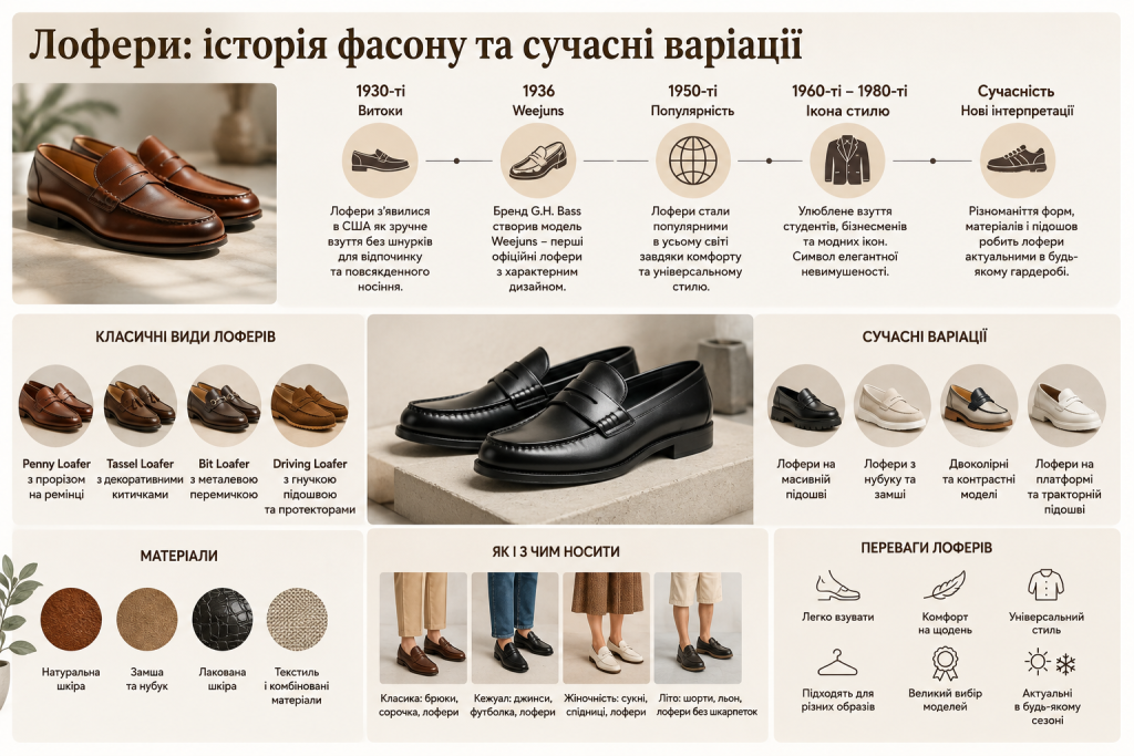 Інфографіка про історію лоферів, їхні види, матеріали, сучасні моделі та поєднання з одягом.