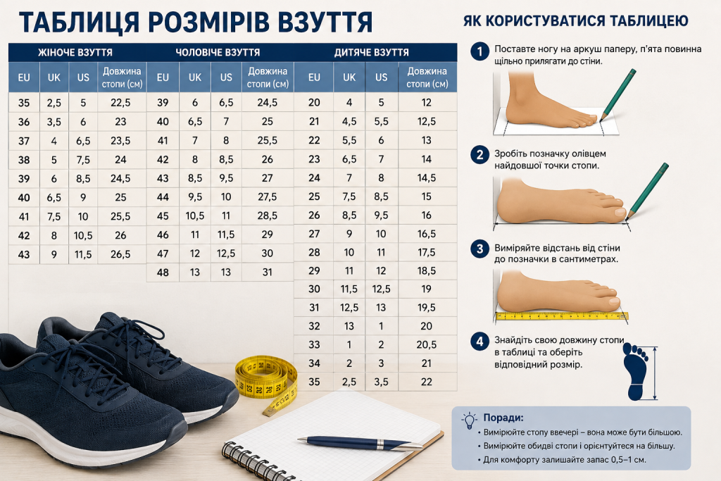 Таблиця розмірів жіночого, чоловічого та дитячого взуття з відповідністю EU, UK, US і довжиною стопи в сантиметрах.