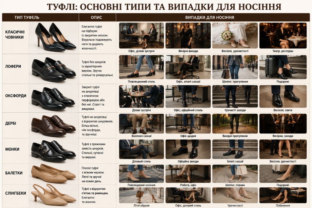 Таблиця з популярними видами туфель та прикладами, коли їх найкраще носити.