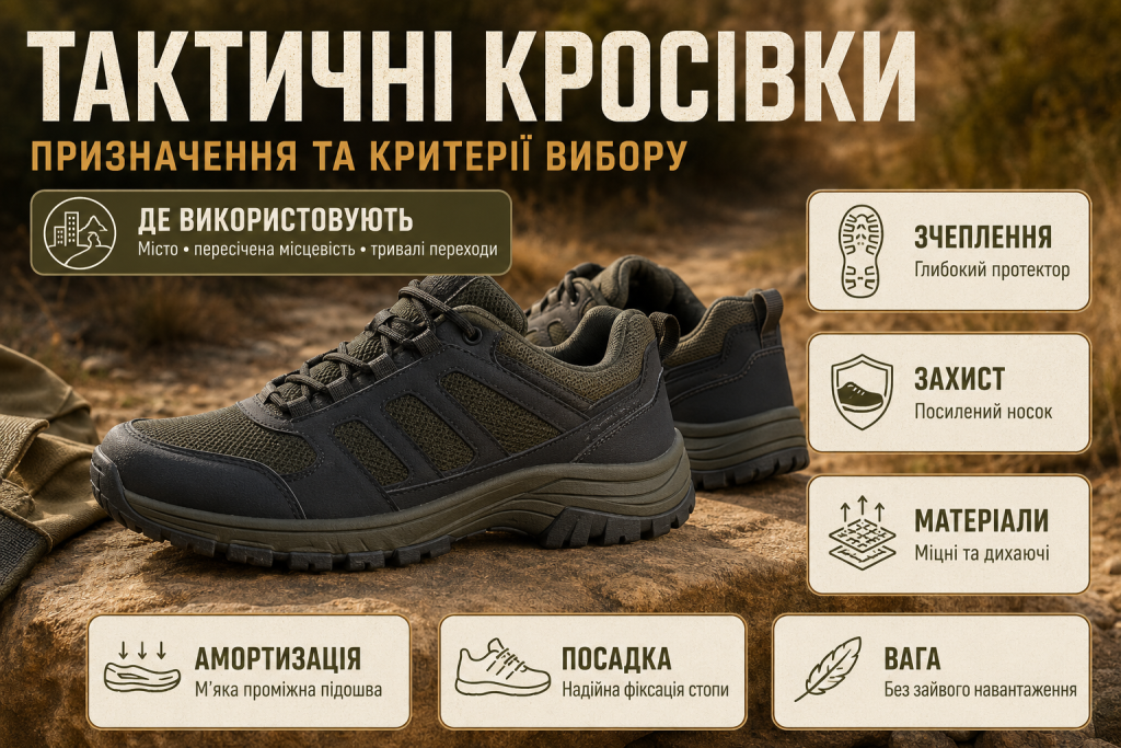 Інфографіка про вибір тактичних кросівок за зчепленням, захистом, матеріалами, амортизацією, посадкою та вагою
