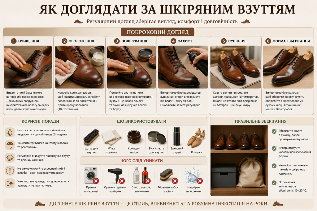 Інфографіка про правильний догляд за шкіряним взуттям, очищення, захист і зберігання.