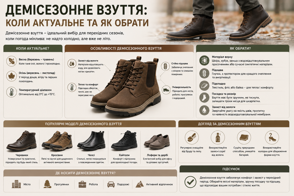 Інфографіка про демісезонне взуття для весни й осені, популярні моделі, матеріали, захист від вологи та правила догляду