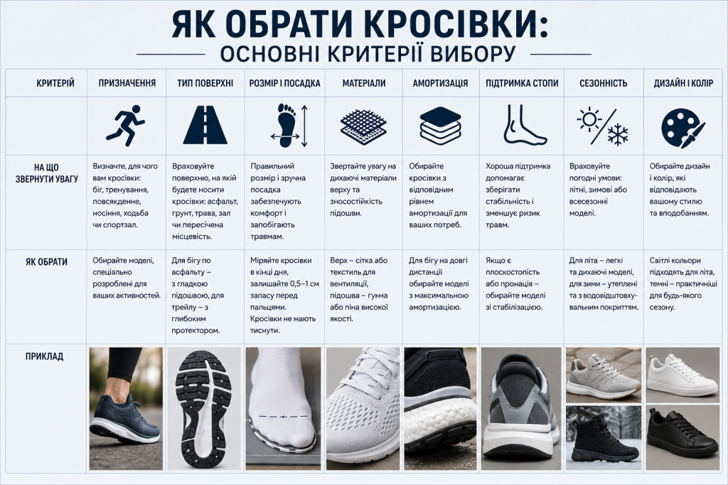 Інфографіка з основними критеріями вибору кросівок: матеріали, амортизація, посадка, сезонність і призначення.