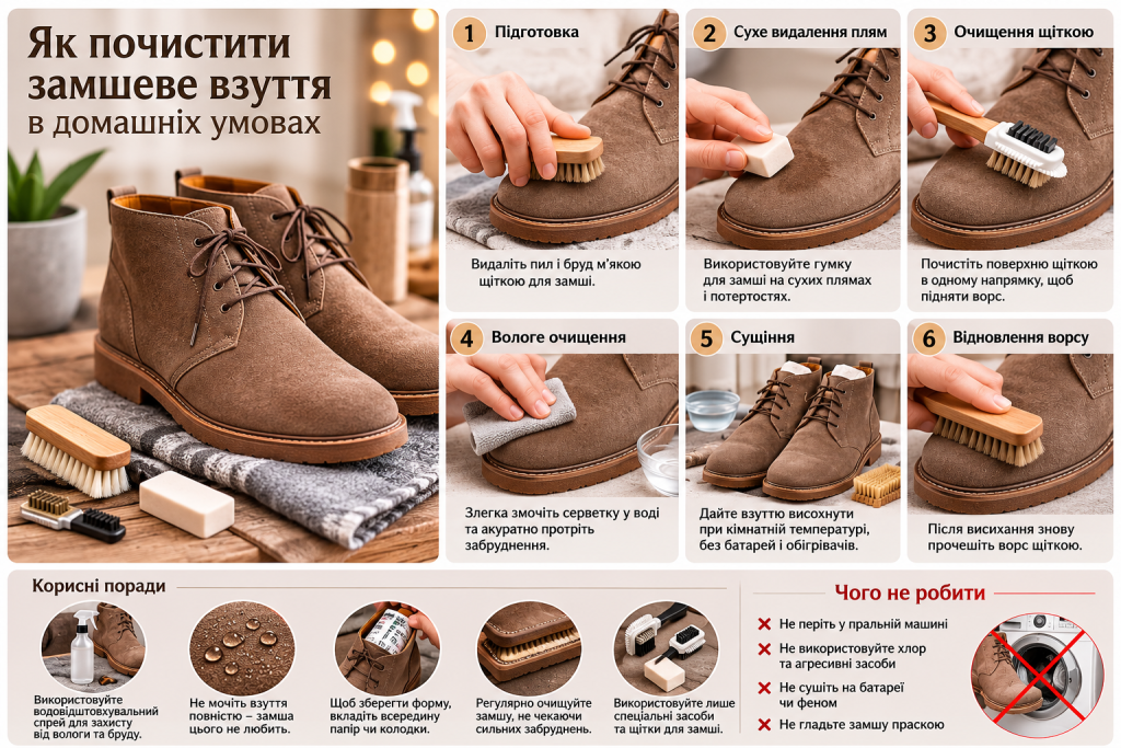 Інфографіка з покроковими порадами щодо очищення та догляду за замшевим взуттям.