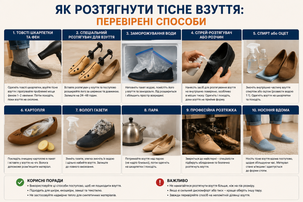 Інфографіка з десятьма способами розтягування тісного взуття, включно з розтягувачем, теплом, вологою та професійною розтяжкою.