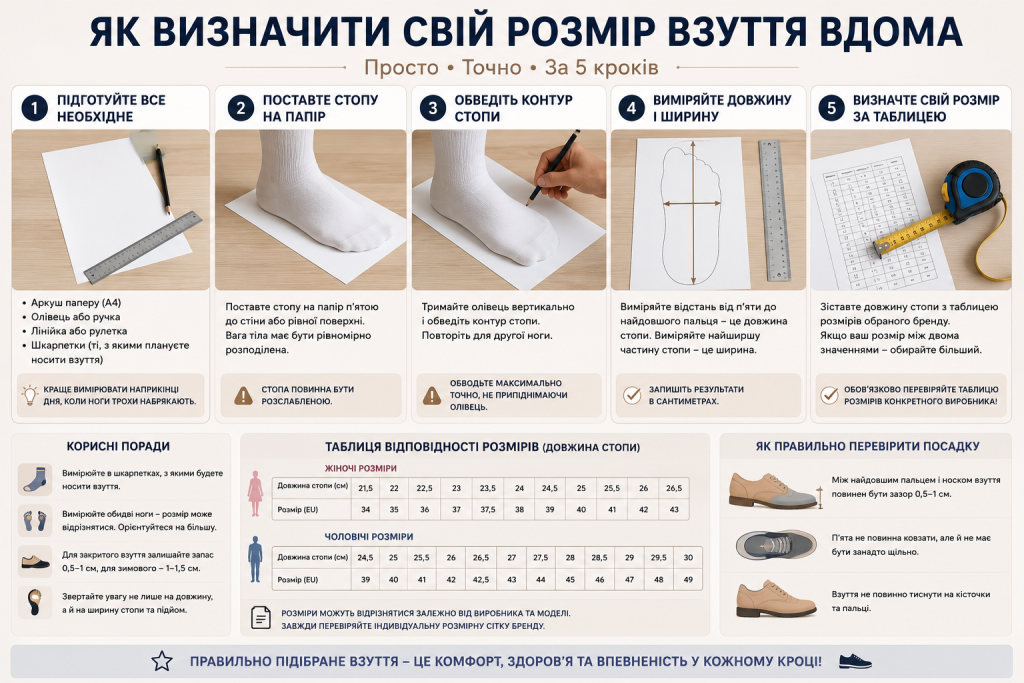 Інфографіка з покроковою інструкцією визначення розміру взуття в домашніх умовах.