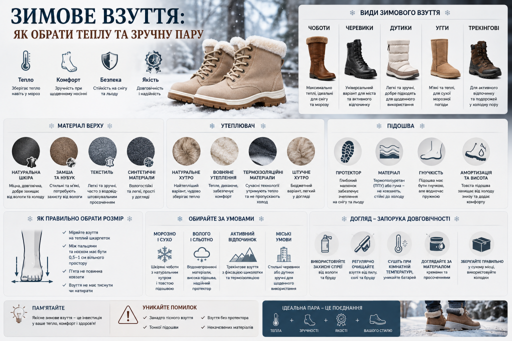 Інфографіка про вибір зимового взуття, матеріали, утеплювачі, підошву та догляд.