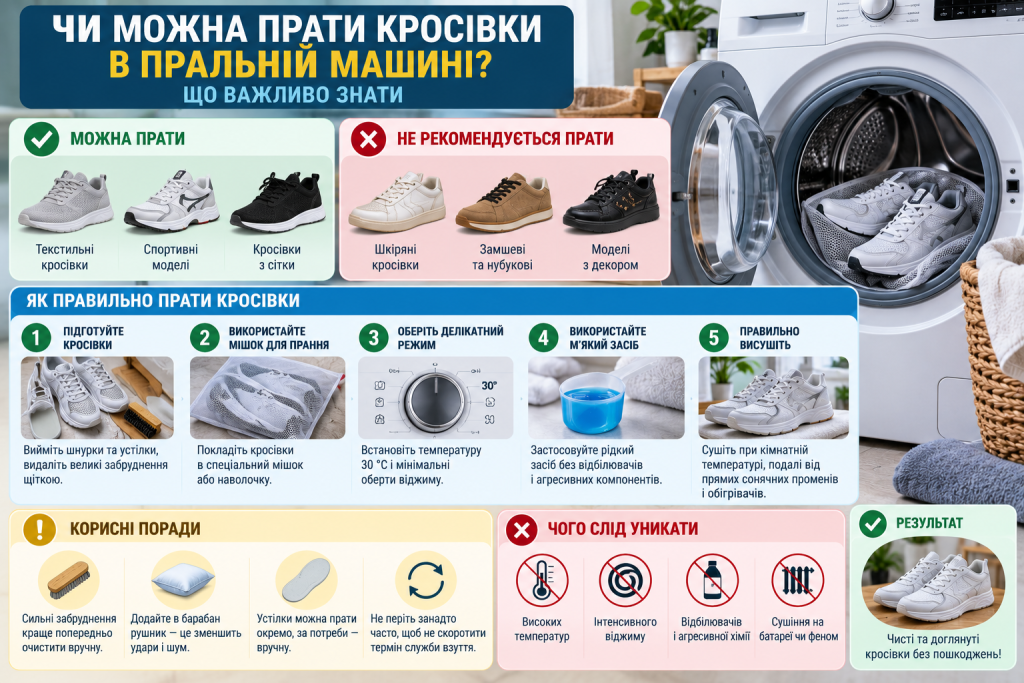 Інфографіка про прання кросівок у пральній машині, підготовку взуття, вибір режиму, засобу та правильне сушіння.