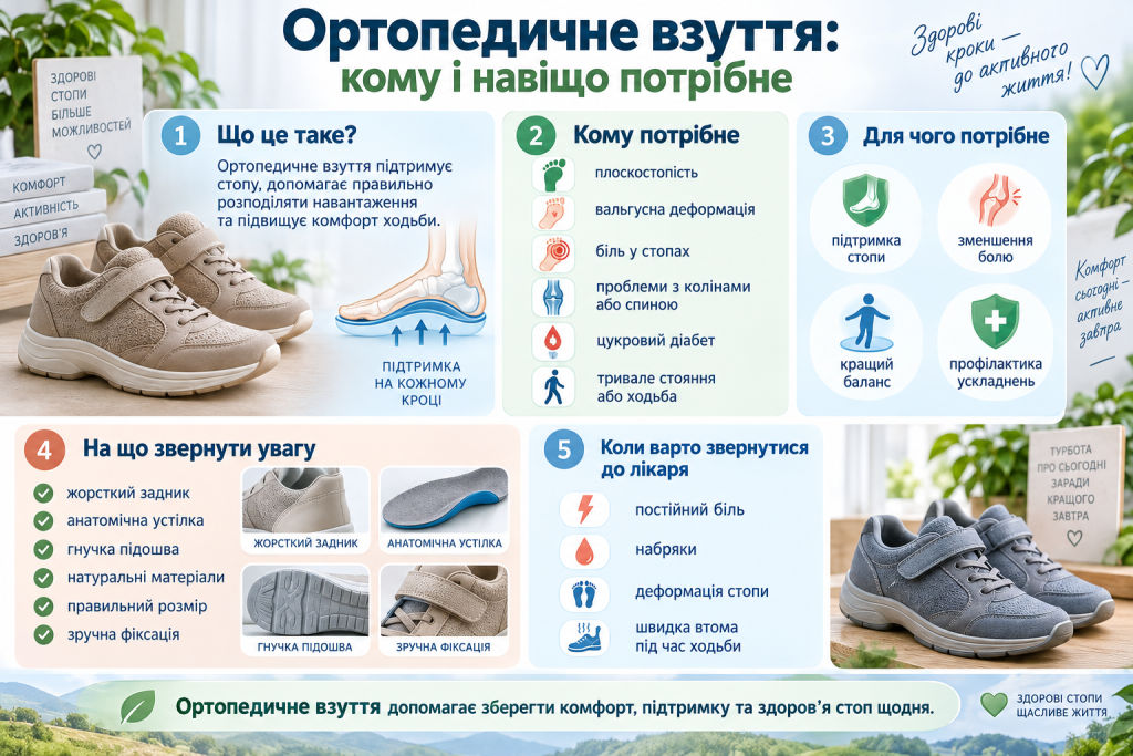 Інфографіка про ортопедичне взуття, його призначення, показання, підтримку стопи та основні критерії правильного вибору.