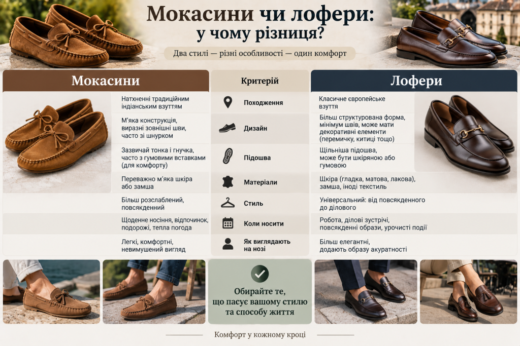 Порівняльна інфографіка про відмінності між мокасинами та лоферами за дизайном, підошвою, матеріалами, стилем і призначенням.