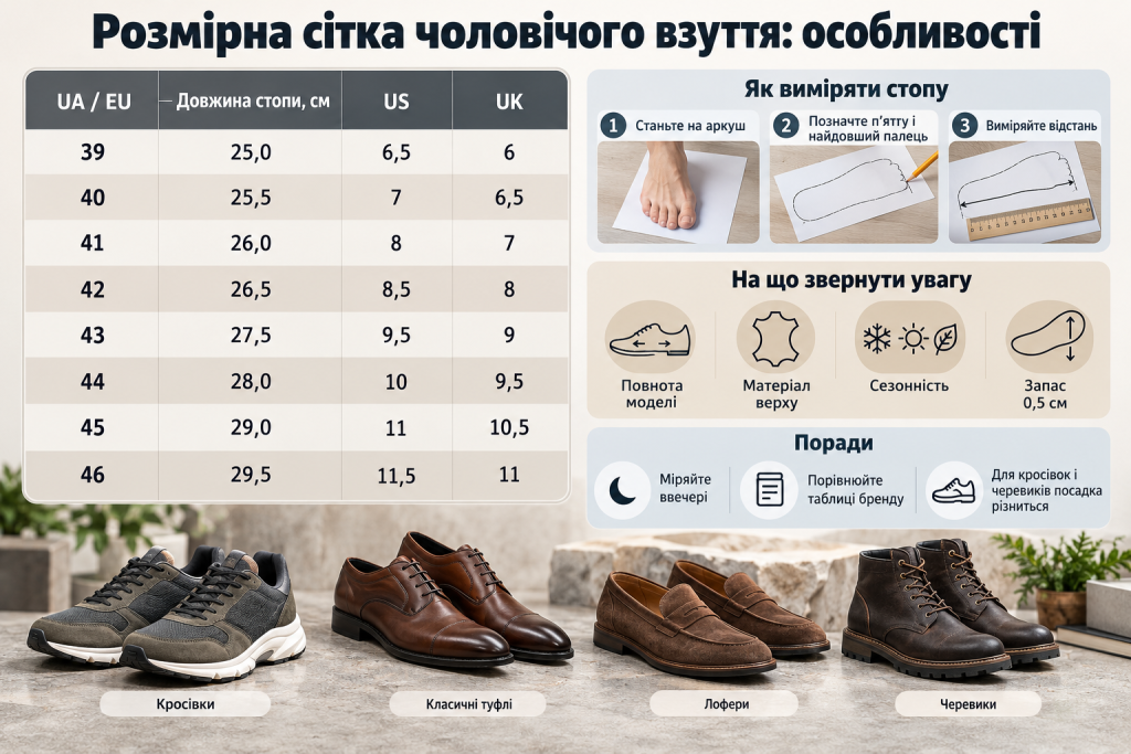 Таблиця розмірів чоловічого взуття з порівнянням європейських, американських і британських розмірів, довжиною стопи та інструкцією з правильного вимірювання ноги.