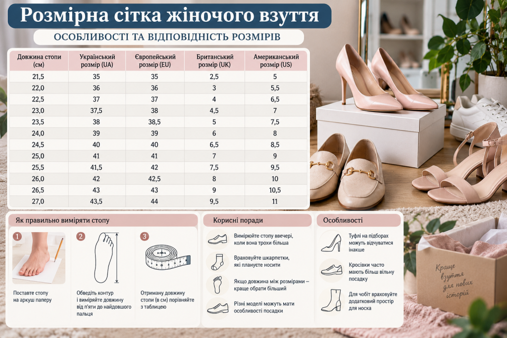 Таблиця розмірів жіночого взуття з відповідністю довжини стопи та українських, європейських, британських і американських розмірів.