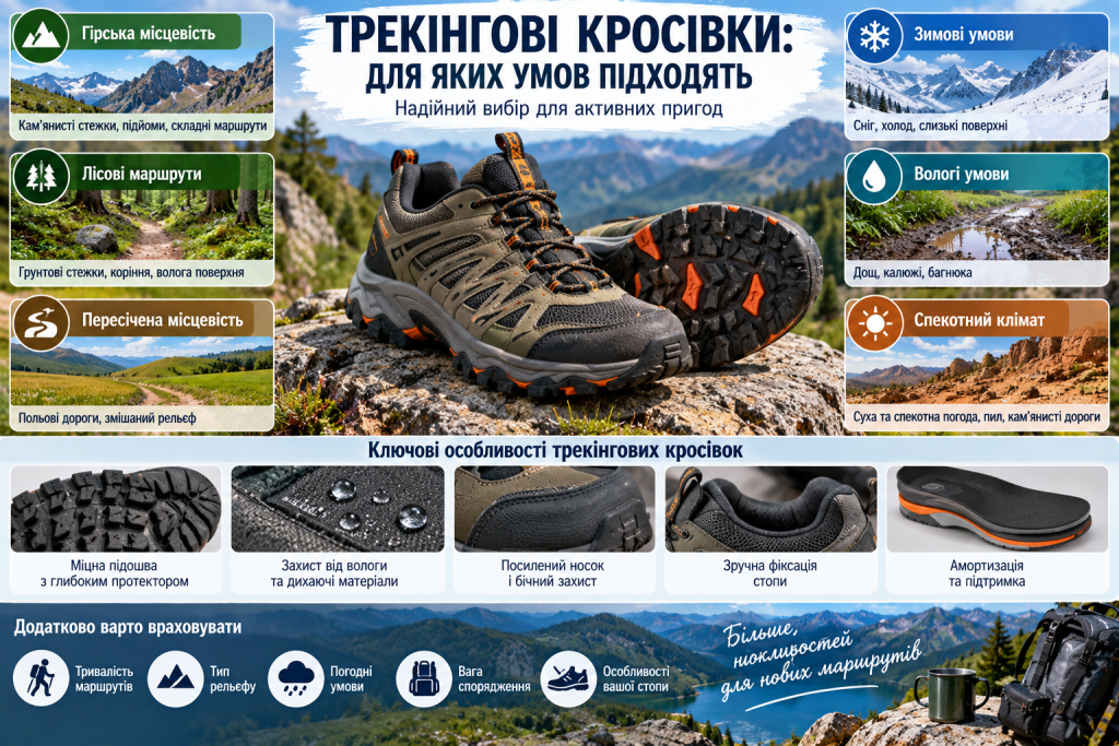 Інфографіка про вибір трекінгових кросівок для гір, лісових маршрутів, вологих, зимових та спекотних умов