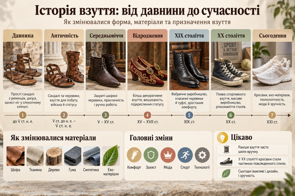 Інфографіка про історію розвитку взуття від стародавніх сандалій і середньовічних черевиків до сучасних кросівок